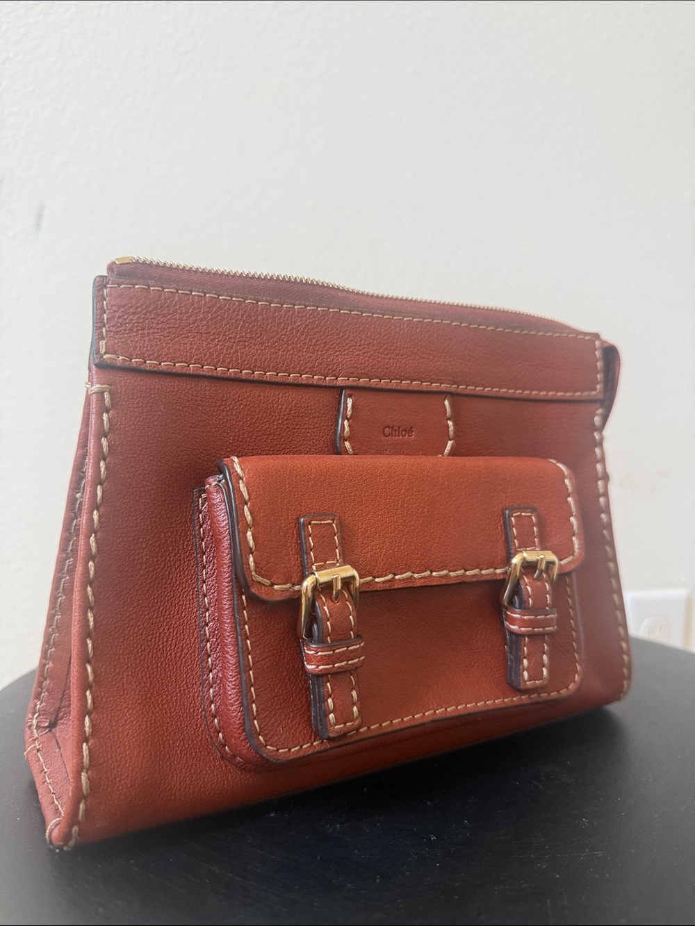 Chloe Saddle Brown Leather Wristlet Clutch
